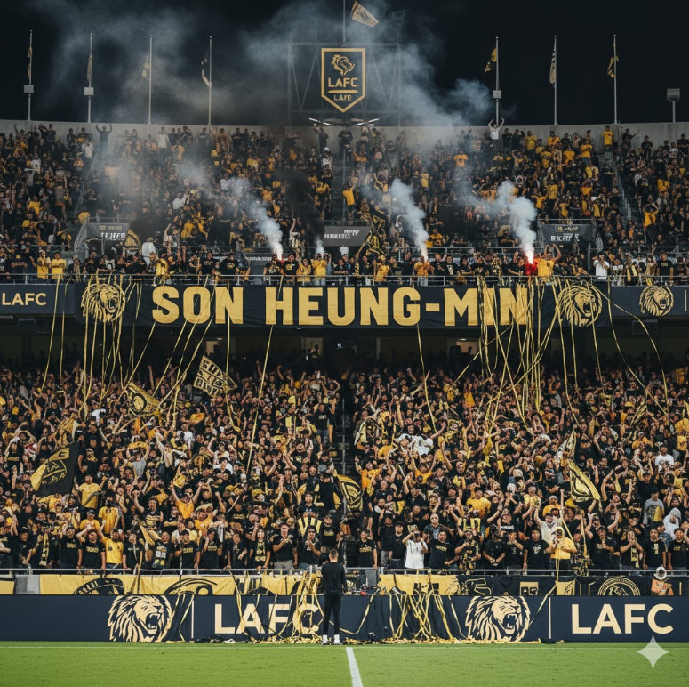 LAFC의 홈구장 BMO 스타디움에서 열정적으로 응원하는 서포터 그룹.